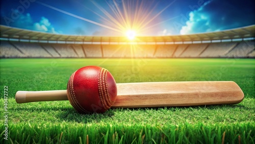 Cricket ball balanced on cricket bat in lush green cricket ground, cricket, ball, bat, sport, game, equipment, leather, red