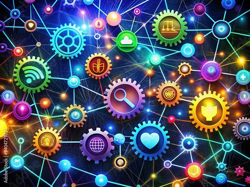 Vibrant assortment of colorful icons, including gears, lights, and shapes, interconnected with lines and nodes, illustrating innovative networking, unity, and digital harmony. photo