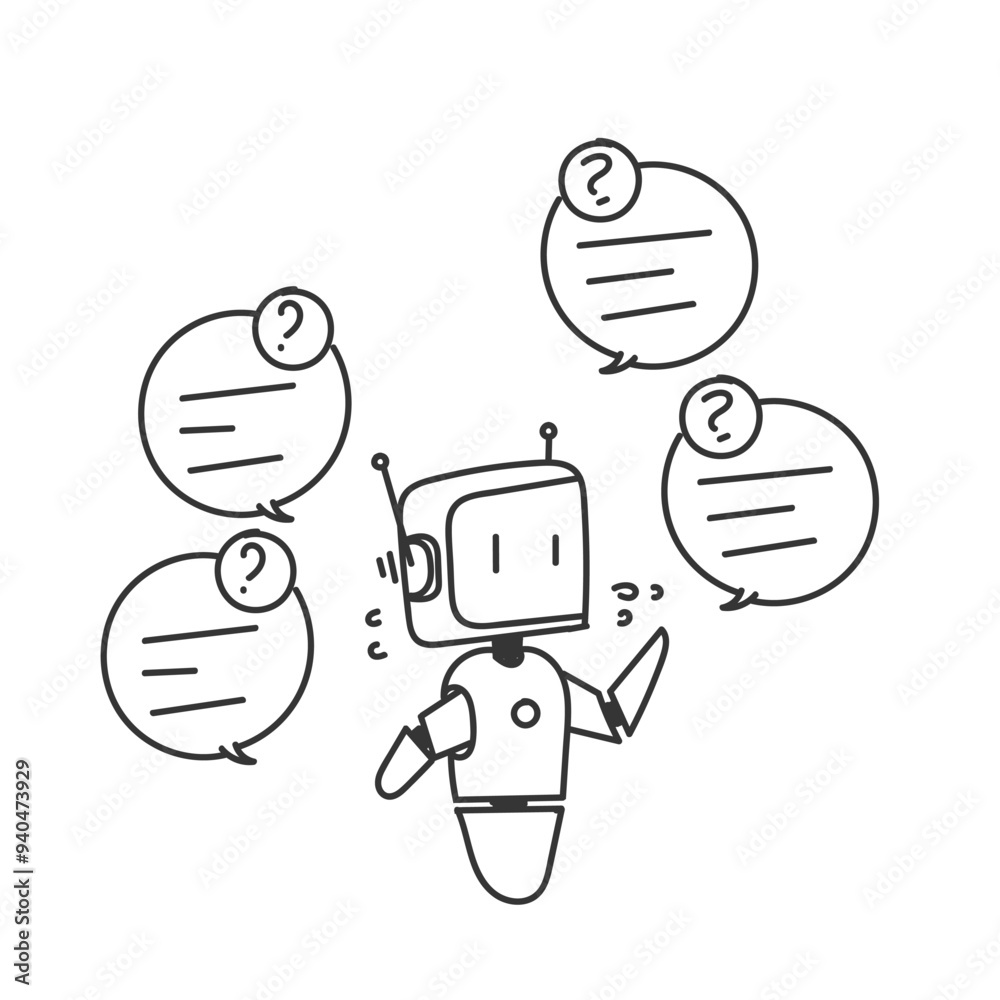 doodle drawn chat bot ai concept illustration on mobile phone, laptop or pc computer doodle drawn chat bot ai concept illustration on mobile phone, laptop or pc computer