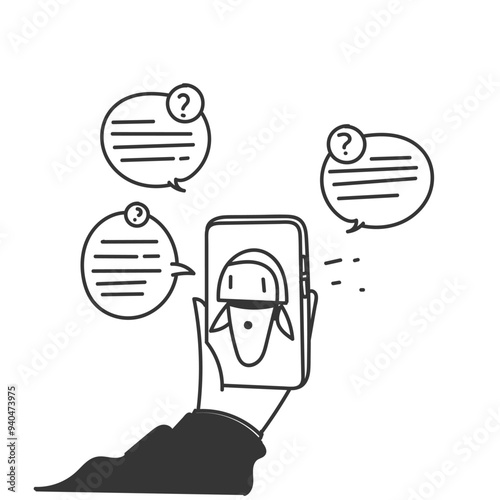 doodle drawn chat bot ai concept illustration on mobile phone, laptop or pc computer
