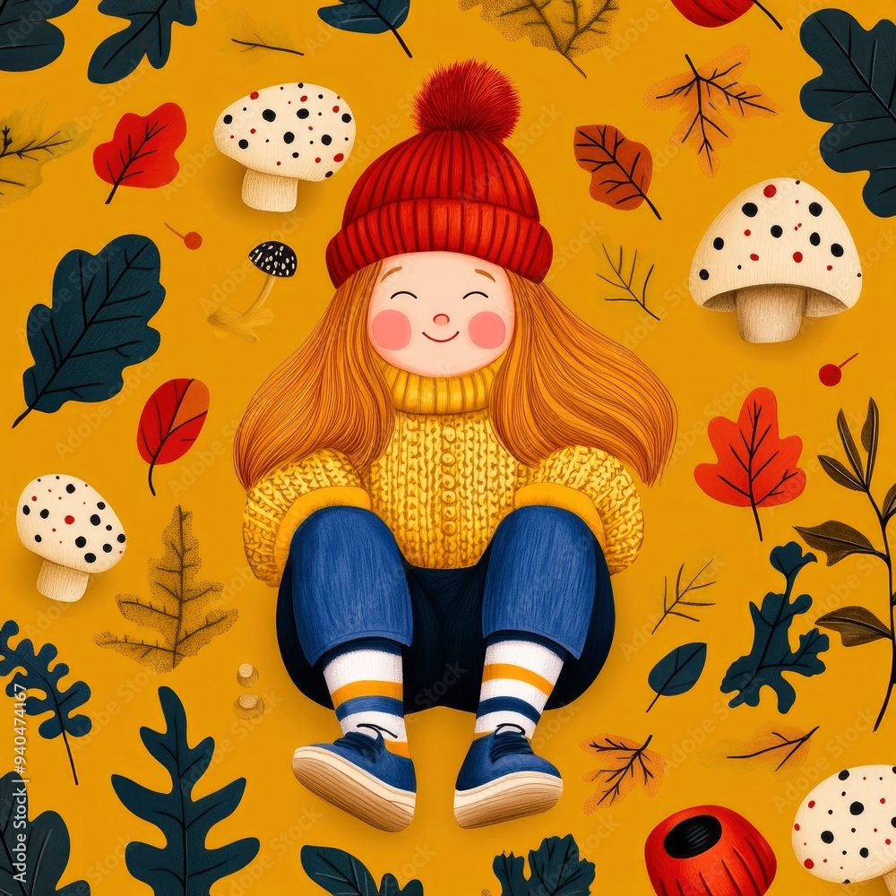 Cute Girl Sitting on a Yellow Background with Mushrooms and Autumn Leaves Cute Girl Sitting on a Yellow Background with Mushrooms and Autumn Leaves