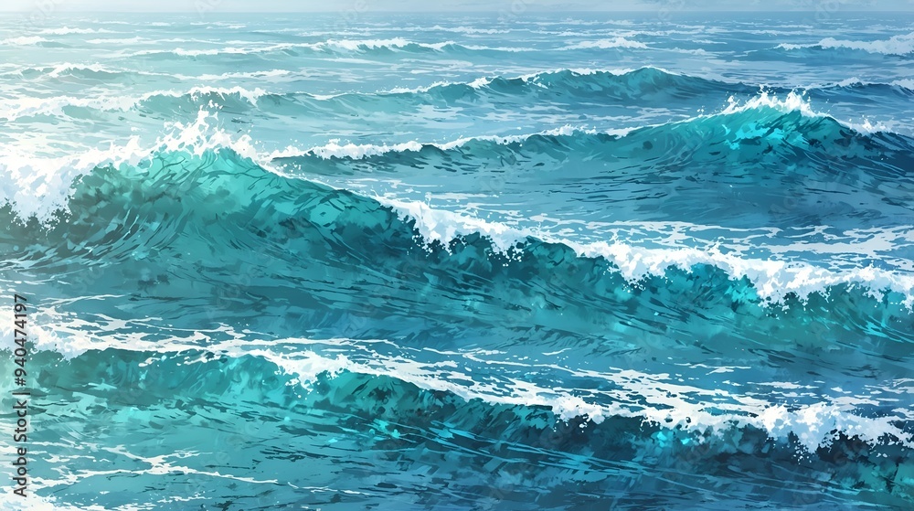 Fototapeta premium A captivating illustration of ocean waves in stunning shades of turquoise, evoking a sense of tranquility and the beauty of the sea.