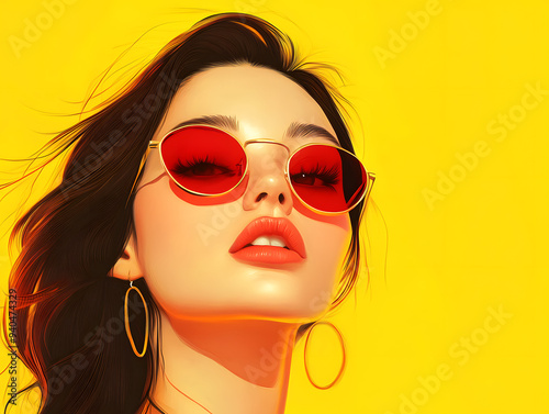 flat illustration, realistic fashion girl, girl boss, summer, yellow , white and red colours