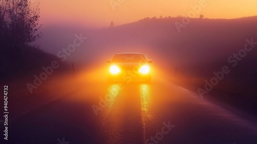 Headlight light glowing in the fog on a country road at sunset which is very beautiful