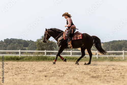 Western riding concept: A young woman and her black quarter horse stallion doing some reining dressage lessons and interacting together