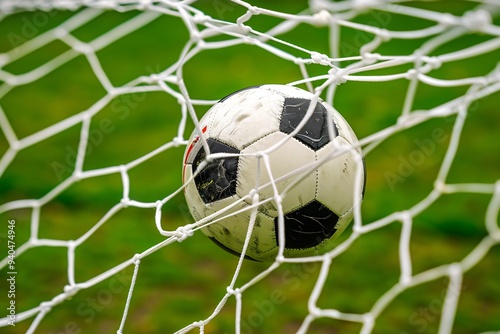 1. Soccer ball striking the back of the net, intense goal-scoring moment, close-up of a white soccer ball with classic black pentagonal patches, net stretched tight against the ball, vivid green