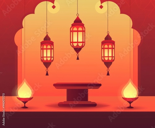 A flat vector illustration of an empty podium with hanging lanterns, using a red color scheme, with a simple design, high resolution, shown in a front view