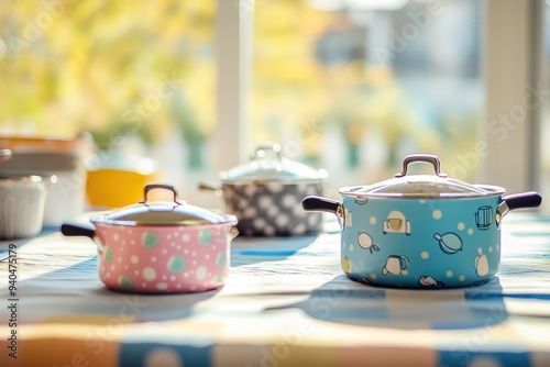 Colorful pots with whimsical designs on sunny kitchen table photo