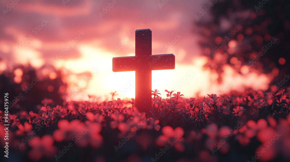 Christian cross stands on a vibrant, flowering hill under a clear blue sky, symbolizing hope, faith, and renewal amidst the beauty of nature Christian cross stands on a vibrant, flowering hill under a clear blue sky, symbolizing hope, faith, and renewal amidst the beauty of nature