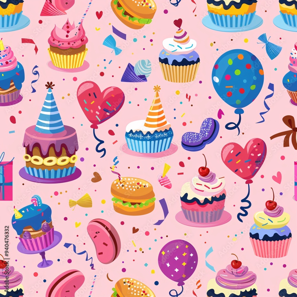 4. Colorful birthday party seamless pattern, pink background, cartoon illustrations of gift boxes, balloons, party hats, cupcakes, cakes on stands, confetti, streamers, macarons, heart-shaped
