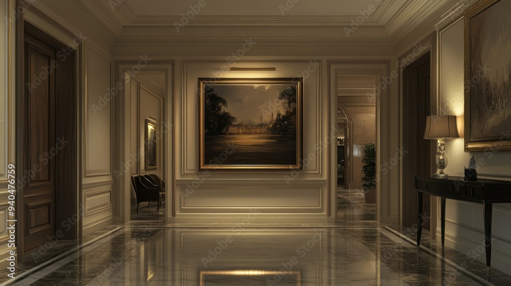 An Elegant Hallway with a Marble Floor and a Painting of a Landscape An Elegant Hallway with a Marble Floor and a Painting of a Landscape