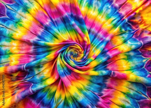 Vibrant colors swirl in mesmerizing patterns on a silk fabric, showcasing a beautiful, intricate, and abstract tie-dye design with blue, pink, and yellow hues.