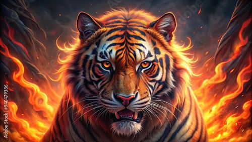 Fiery painting of aggressive tiger with glowing red eyes , Tiger, painting, fiery, aggressive, stance, power, danger, wild