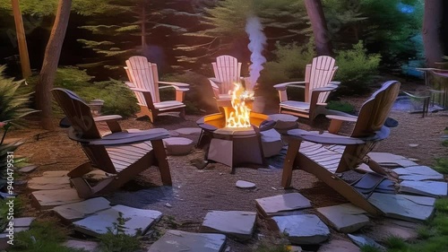 table and chairs in a garden with fire ,generative ai