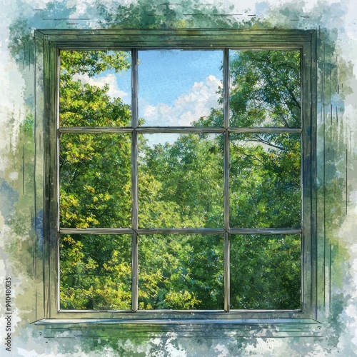 A high-quality, high-resolution photograph depicting a realistic view from a window with a watercolor clipart illustration of a lush green forest. The window offers a stunning perspective of towering