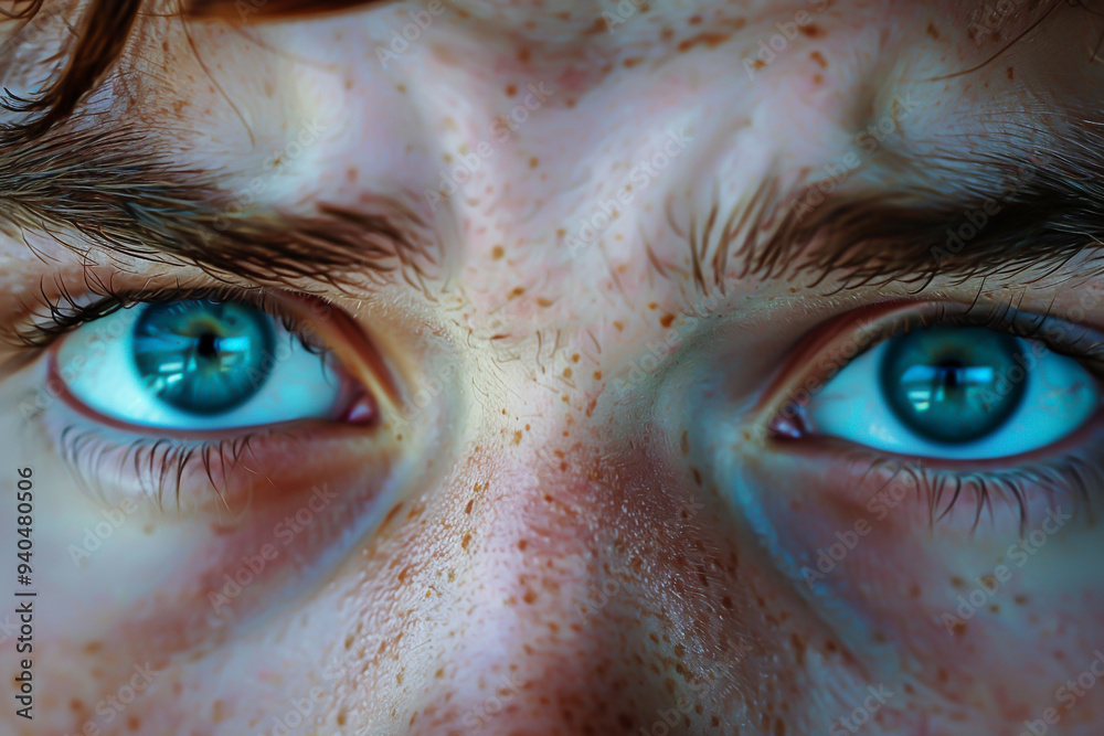 Closeup of a persons face showing anxiety, emotion theme, front view, highlighting detailed expressions, advanced tone, Complementary Color Scheme Closeup of a persons face showing anxiety, emotion theme, front view, highlighting detailed expressions, advanced tone, Complementary Color Scheme