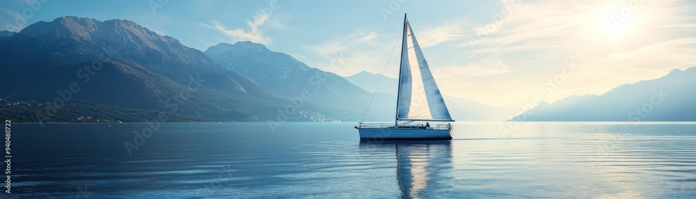 Sailboat Navigating Calm Waters with Mountain Backdrop Sailboat Navigating Calm Waters with Mountain Backdrop