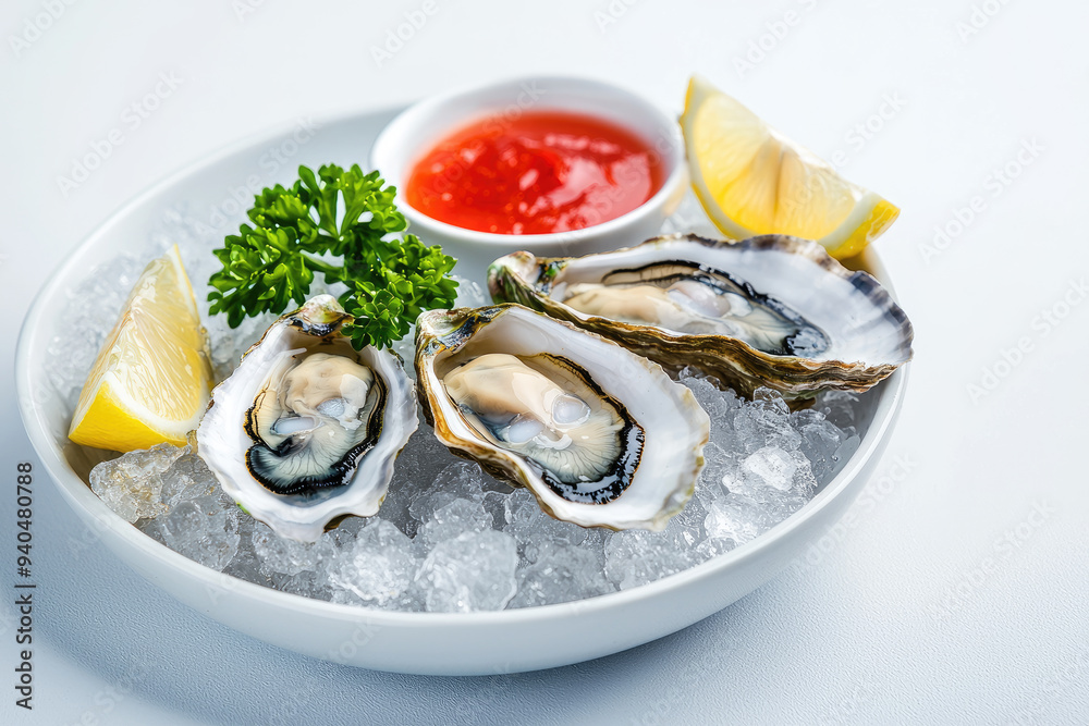 Fresh oysters served on ice with lemon wedges and a side of cocktail sauce for a gourmet seafood experience. Fresh oysters served on ice with lemon wedges and a side of cocktail sauce for a gourmet seafood experience.
