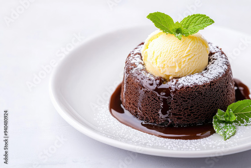 Indulge in a rich chocolate lava cake topped with vanilla ice cream and fresh mint, perfect for dessert lovers. photo