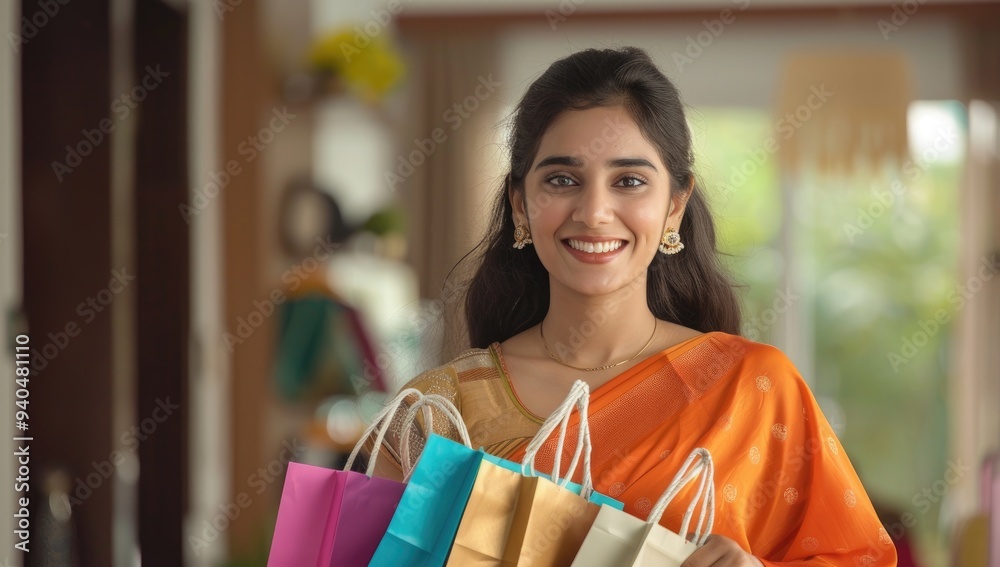 A young, beautiful Indian woman in an orange saree smiles while holding shopping bags with colorful paper inside them at home A young, beautiful Indian woman in an orange saree smiles while holding shopping bags with colorful paper inside them at home
