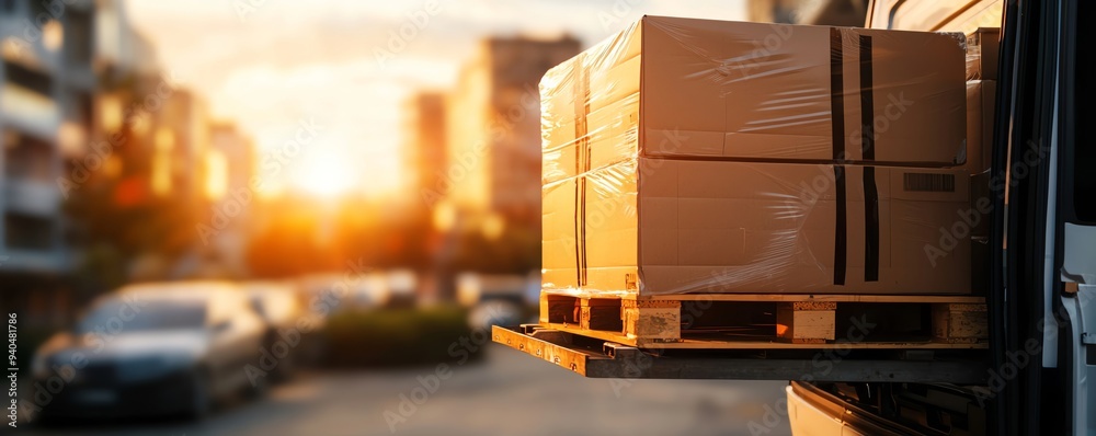 A large parcel placed on a pallet awaiting delivery from a truck. Sunset cityscape in the background with a warm glow. A large parcel placed on a pallet awaiting delivery from a truck. Sunset cityscape in the background with a warm glow.