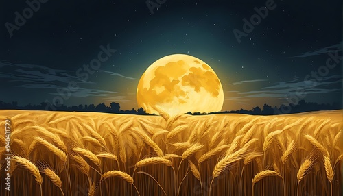 A scenic panromantic vintage  farm house and moon golden color variances illustrative wheat field outstanding outside view background.   photo