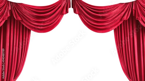 Red Velvet Curtains Partially Drawn Back on a White Background