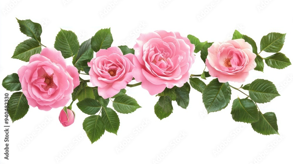 A Pink Rose Branch with Green Leaves A Pink Rose Branch with Green Leaves