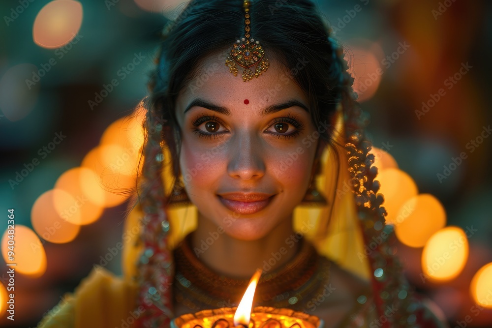 A woman holding lit Diya lamp in hands. Beautiful young Indian woman wear dress celebrating Indian festival in traditional way.