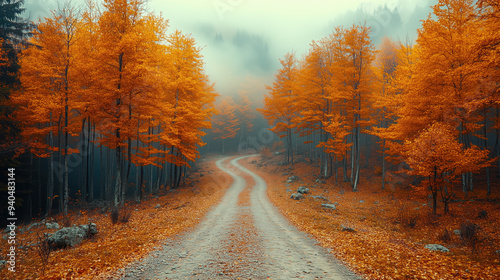 Serene path covered in autumn leaves and sunlight