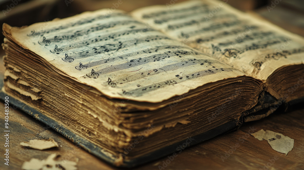 Naklejka premium Aged book with vintage music sheets. 
