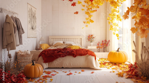 Autumn bedroom with red and yellow leaves, flowers, and a pumpkin on a light background. 