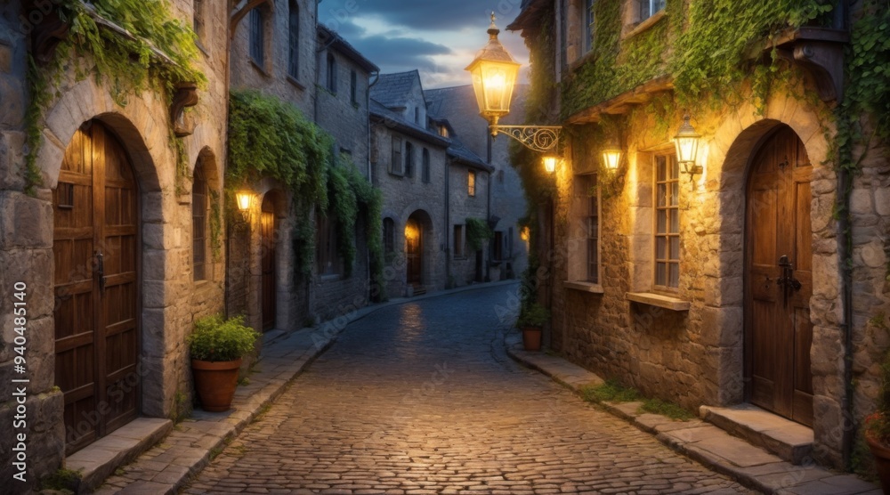 Obraz premium Enchanting Medieval Cobblestone Street with Old Stone Buildings