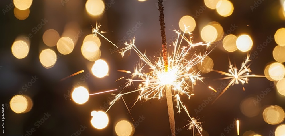 Fototapeta premium Close-up of a blurred sparkling sparkler on a dark background with bokeh lights and blurred people in the background.