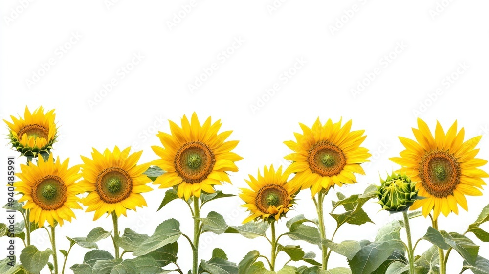 Sunflowers in Bloom with Green Leaves Against a White Background
