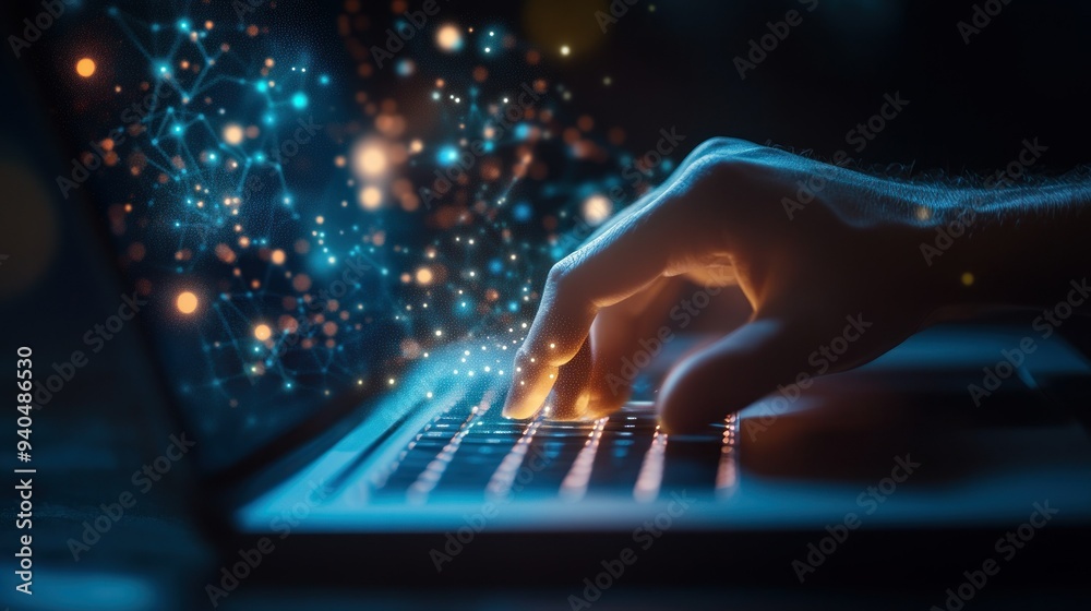 Hand Typing on Laptop with Abstract Digital Network Glowing Around It Hand Typing on Laptop with Abstract Digital Network Glowing Around It
