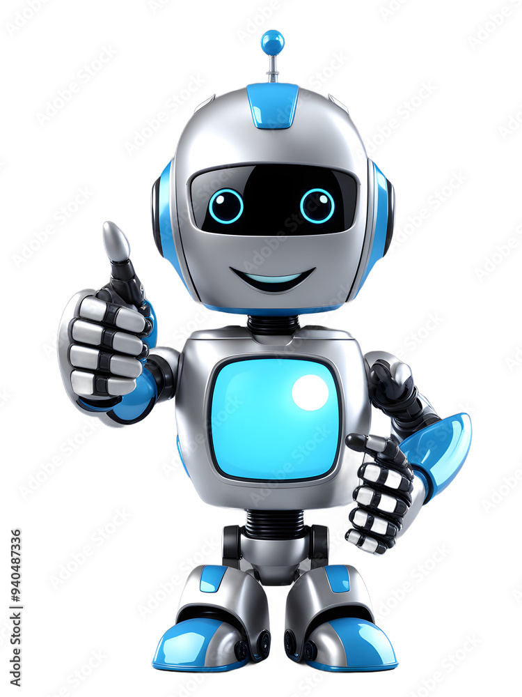 Smiling cartoon robot with thumbs up metallic blue on transparent background, tech promotional banner Smiling cartoon robot with thumbs up metallic blue on transparent background, tech promotional banner