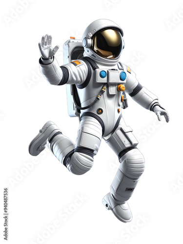 Astronaut with cheerful mood waving in zero gravity against transparent background, educational content