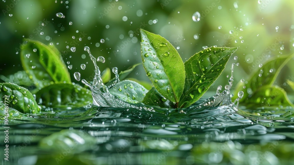 Water Droplets Splashing on Green Leaves Water Droplets Splashing on Green Leaves