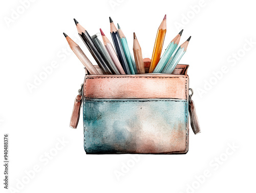 A vibrant watercolor illustration of a pencil holder filled with colorful pencils, perfect for artistic and creative designs. photo