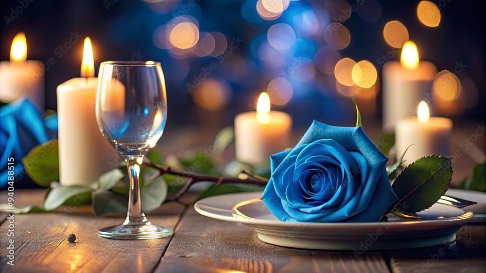 Romantic candlelit dinner with a blue rose , Romance, candlelight, dinner date, love, intimacy, elegant, table setting Romantic candlelit dinner with a blue rose , Romance, candlelight, dinner date, love, intimacy, elegant, table setting