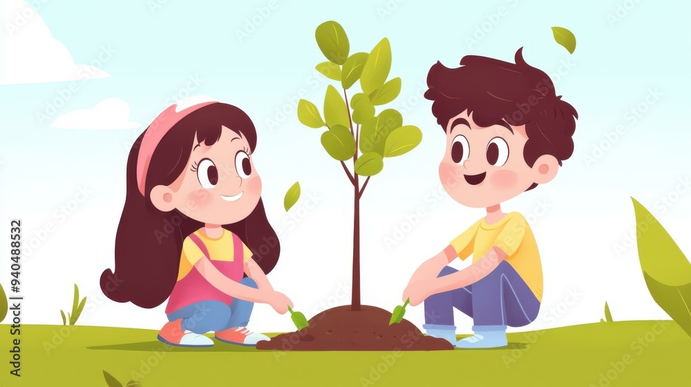A charming scene where kids plant a tree, celebrating the joy and importance of Arbor Day with smiles and teamwork. A charming scene where kids plant a tree, celebrating the joy and importance of Arbor Day with smiles and teamwork.