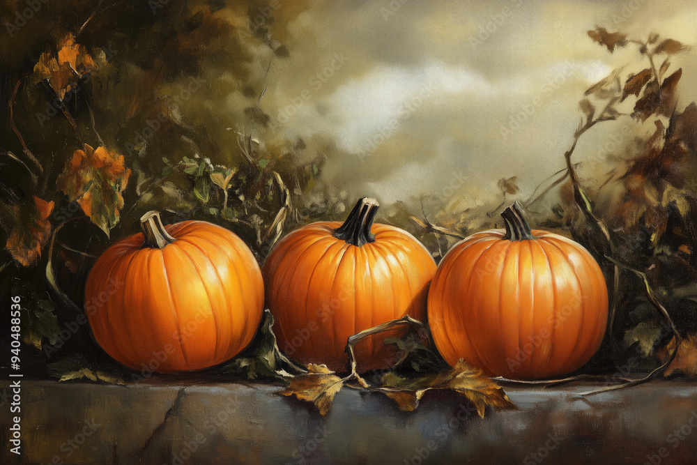 Artistic painting of three pumpkins with autumn leaves Artistic painting of three pumpkins with autumn leaves