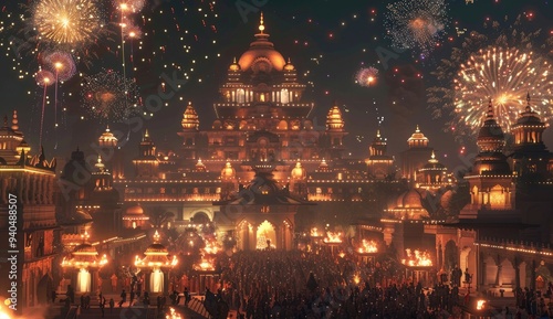 A grand temple complex at night with fireworks lighting up the sky above it. The temple is made of white stone and has intricate carvings on its spires and walls.