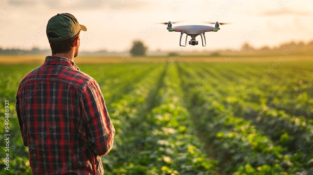 A farmer operating a drone to survey a vast green field with crops A farmer operating a drone to survey a vast green field with crops