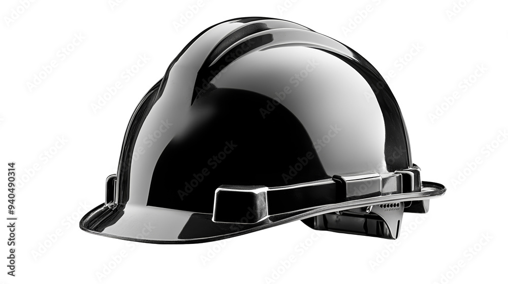 Fototapeta premium A sleek black safety helmet designed for construction workers, showcasing durability and protection in work environments.