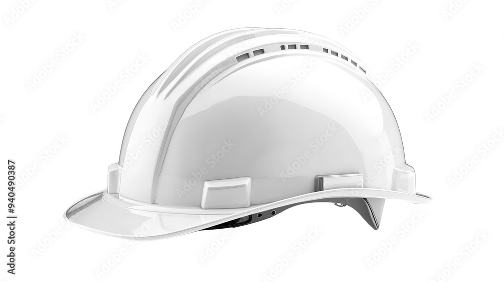 Fototapeta premium A sleek white hard hat designed for safety, ideal for construction, engineering, and industrial work environments.