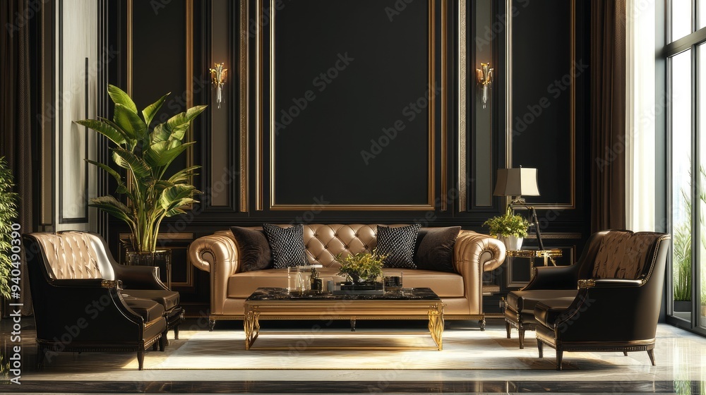 Luxury style living room interior for relaxation, with comfortable seating and elegant decor, set against a realistic background