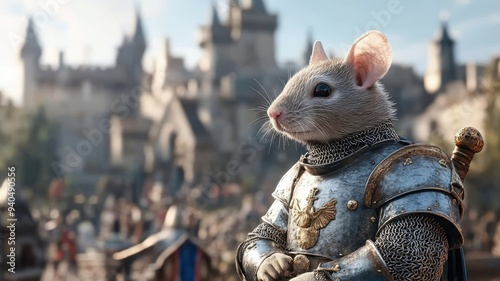 A rat in medieval knight armor standing in a grand castle’s courtyard, merging fantasy elements with historical grandeur. photo