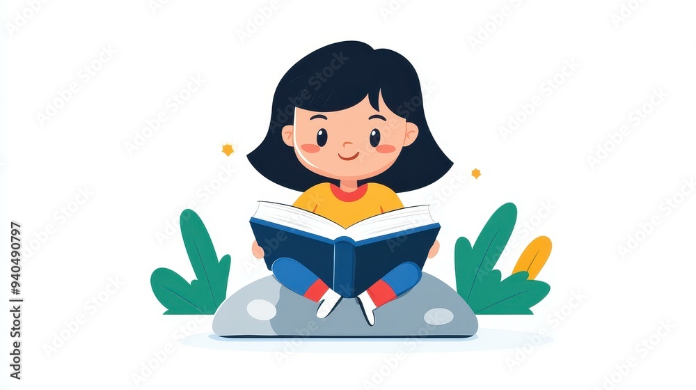 A joyful girl reads on a stone, her playful spirit radiating brightness and peace in this charming moment of bliss. A joyful girl reads on a stone, her playful spirit radiating brightness and peace in this charming moment of bliss.